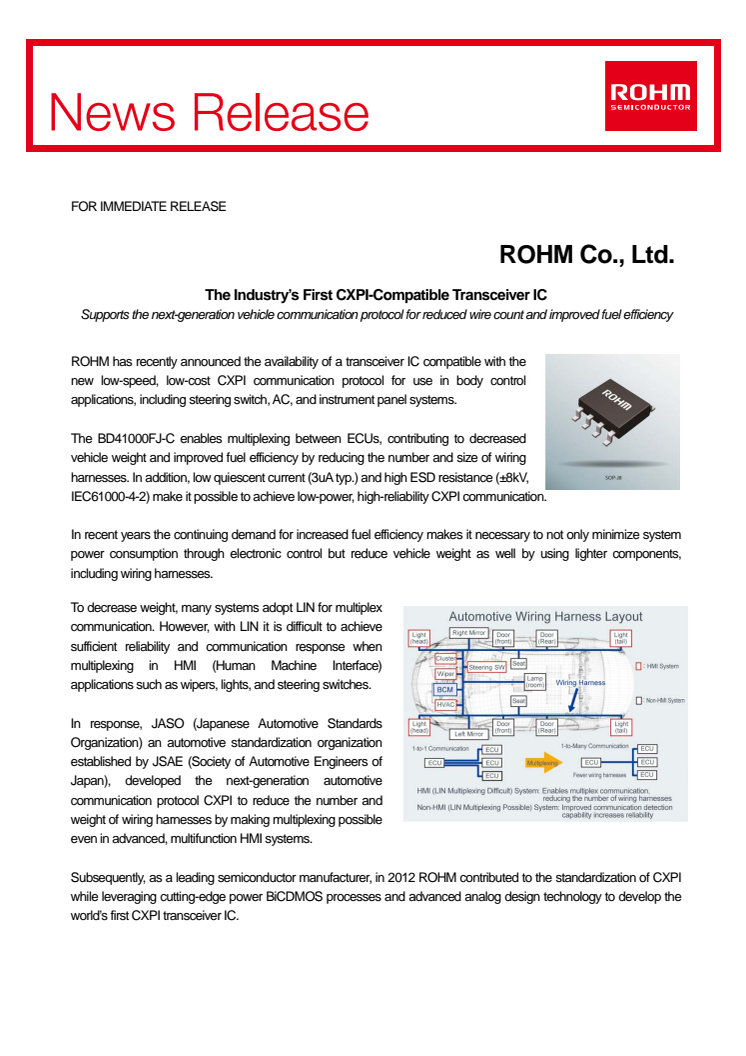 The Industry’s First CXPI-Compatible Transceiver IC -- Supports the next-generation vehicle communication protocol for reduced wire count and improved fuel efficiency