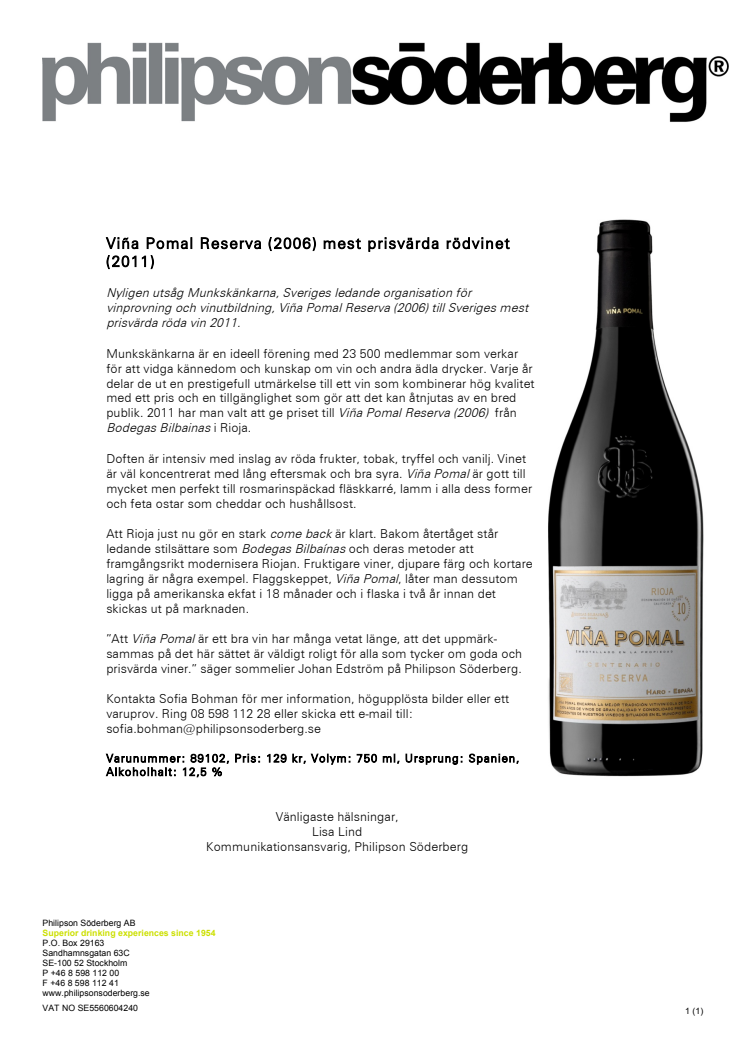 Viña Pomal Reserva (2006) mest prisvärda rödvinet (2011)