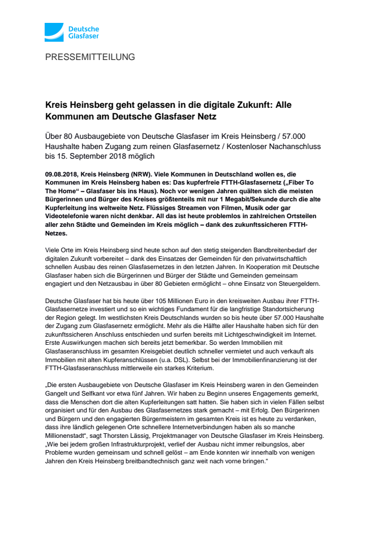 Kreis Heinsberg geht gelassen in die digitale Zukunft: Alle Kommunen am Deutsche Glasfaser Netz