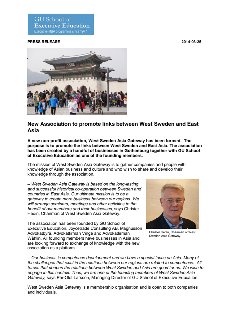 New Association to promote links between West Sweden and East Asia