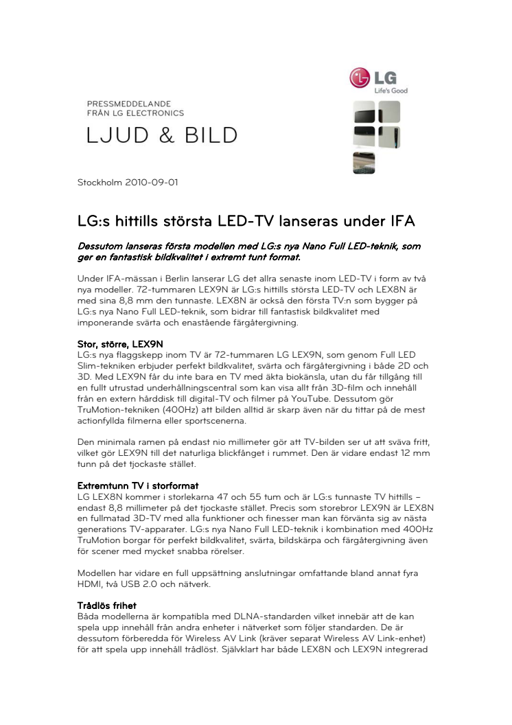 LG:s hittills största LED-TV lanseras under IFA