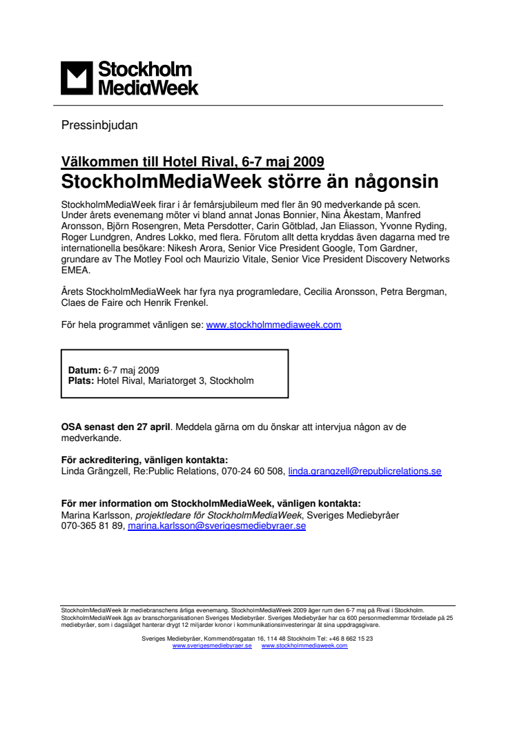 PRESSINBJUDAN: Välkommen till Hotel Rival, 6-7 maj 2009