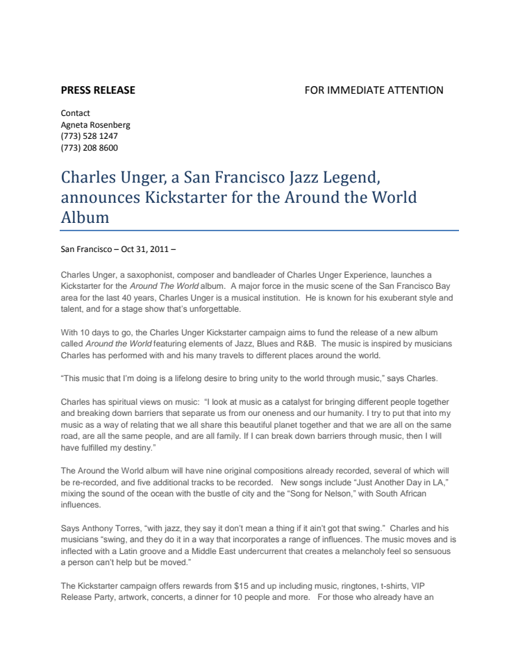 Charles Unger, a San Francisco Jazz Legend announces Kickstarter for the Around the World Album