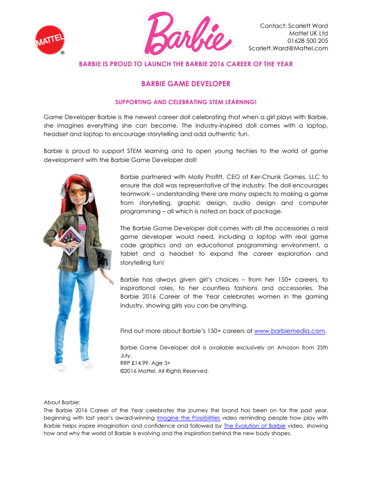 Vorstellung der Karriere-Barbie des Jahres 2016: Mit "Spieleentwicklerinnen Barbie" setzt Barbie ein Zeichen für MINT-Berufe