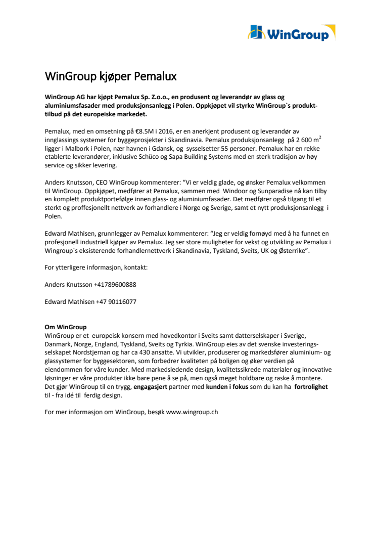 WinGroup kjøper Pemalux
