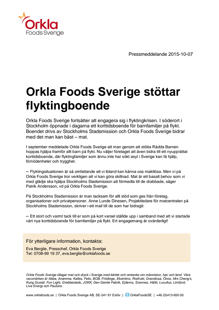 Orkla Foods Sverige stöttar flyktingboende