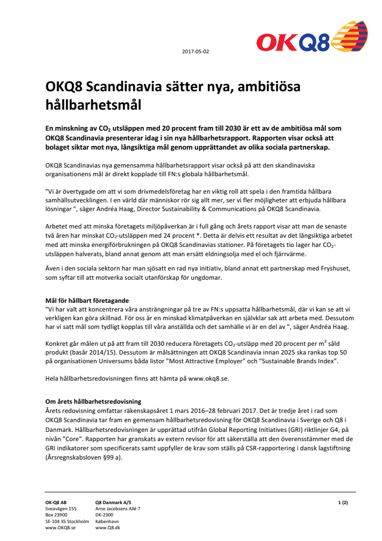 OKQ8 Scandinavia sätter nya, ambitiösa hållbarhetsmål 