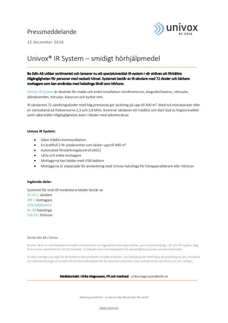 Univox® IR System – smidigt hörhjälpmedel 