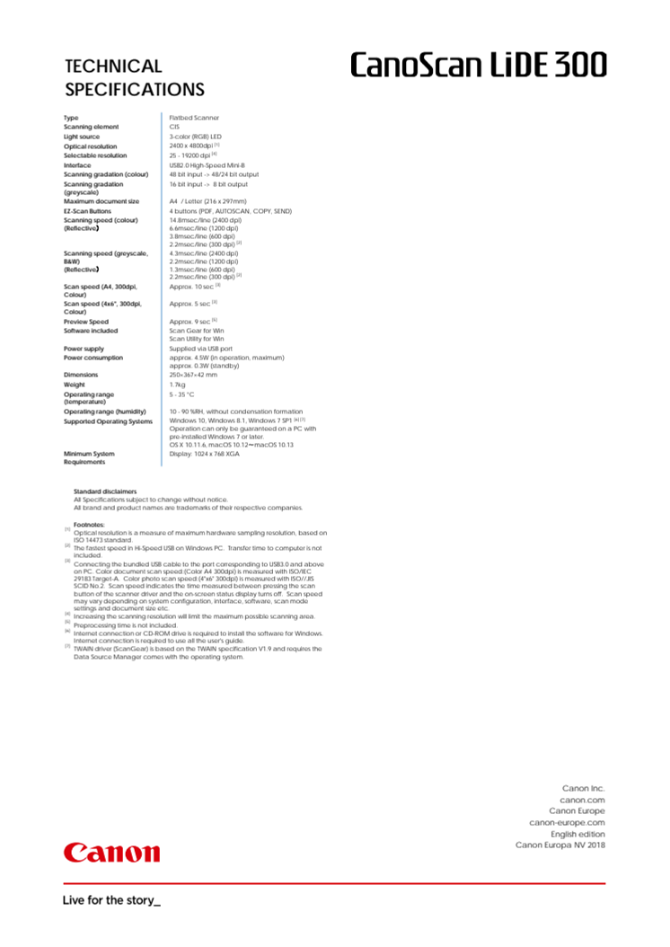 Cano Scan LiDE 300 Spec Sheet