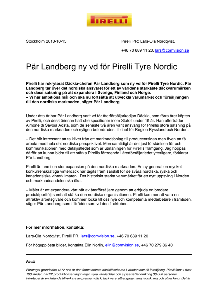 Pär Landberg ny vd för Pirelli Tyre Nordic