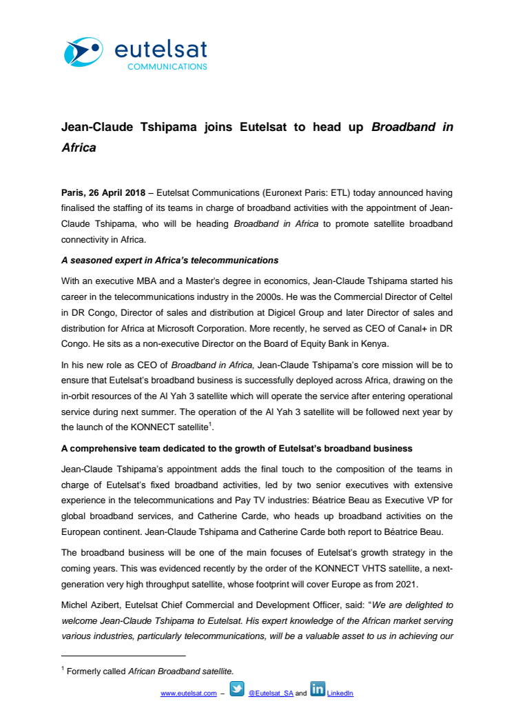 Jean-Claude Tshipama joins Eutelsat to head up Broadband in Africa