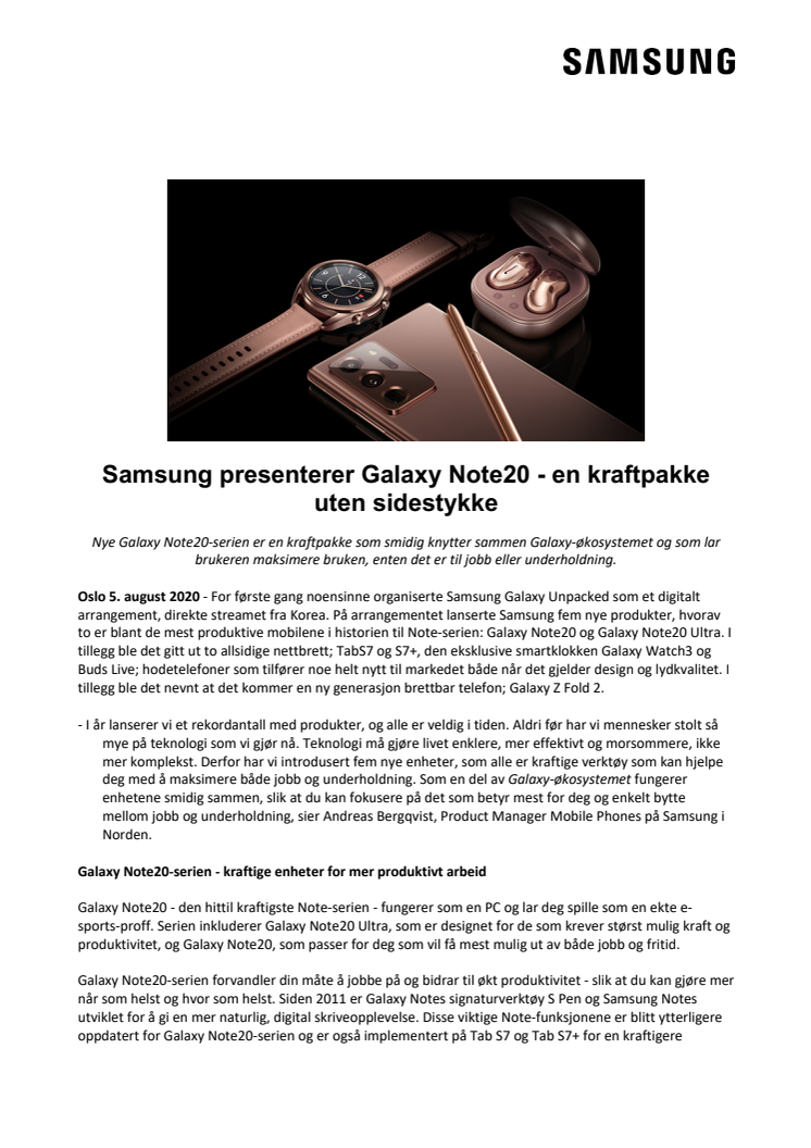 Samsung presenterer Galaxy Note20 - en kraftpakke uten sidestykke