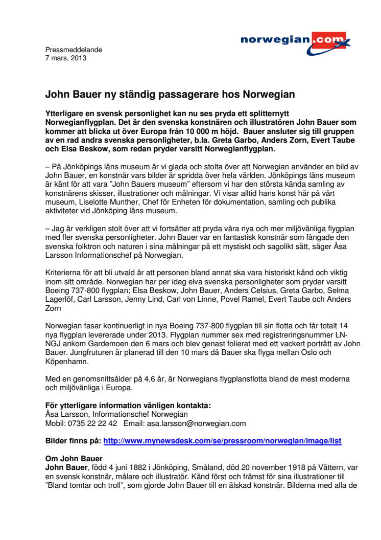John Bauer ny ständig passagerare hos Norwegian 