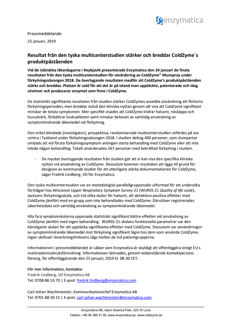 Resultat från den tyska multicenterstudien stärker och breddar ColdZyme´s produktpåståenden 