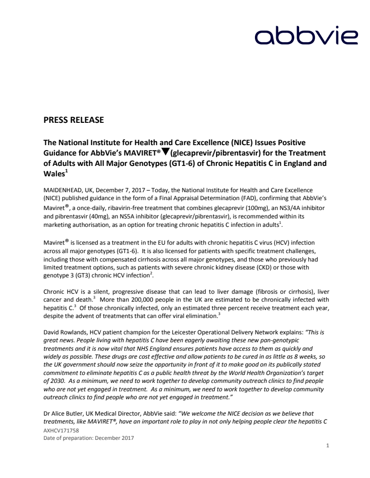 The National Institute for Health and Care Excellence (NICE) Issues Positive Guidance for AbbVie’s MAVIRET® (glecaprevir/pibrentasvir) for the Treatment of Adults with All Major Genotypes (GT1-6) of Chronic Hepatitis C in England and Wales