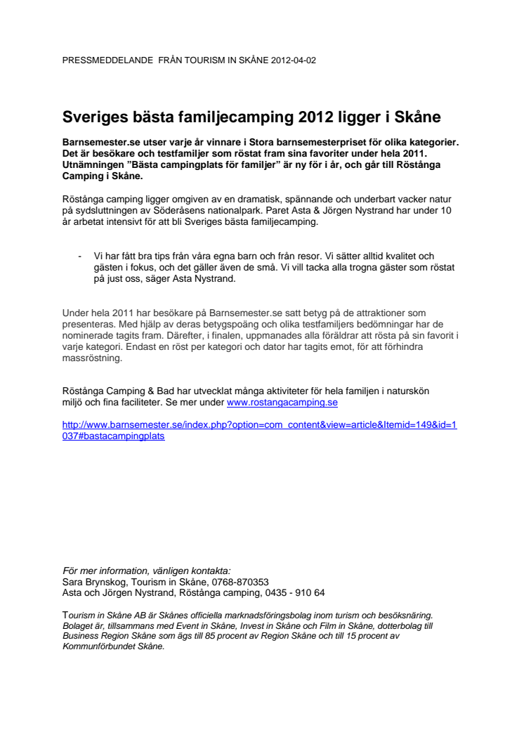 Sveriges bästa familjecamping 2012 ligger i Skåne