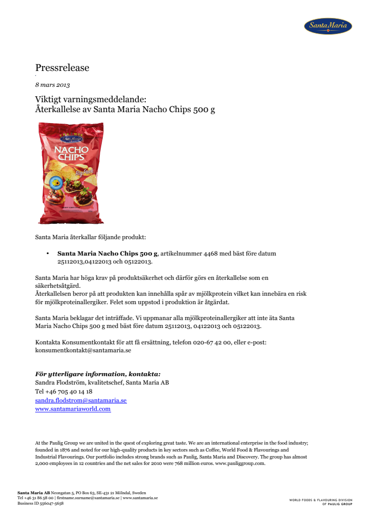 Viktigt varningsmeddelande: Återkallelse av Santa Maria Nacho Chips 500 g