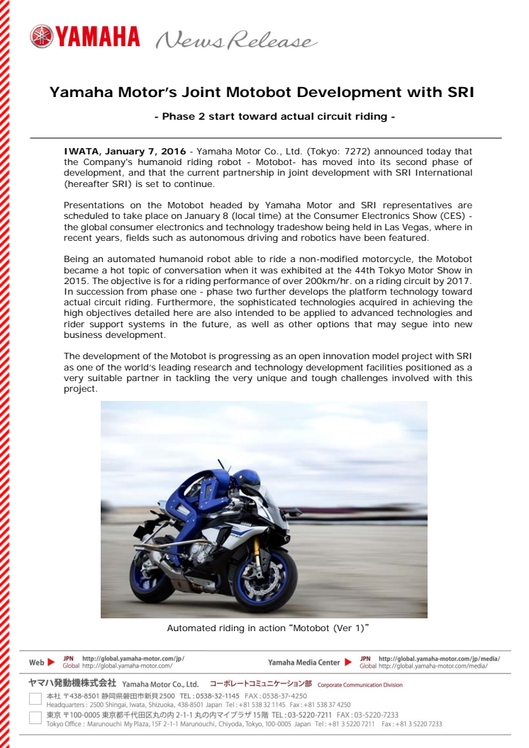 Yamaha Motor’s Joint Motobot Development with SRI