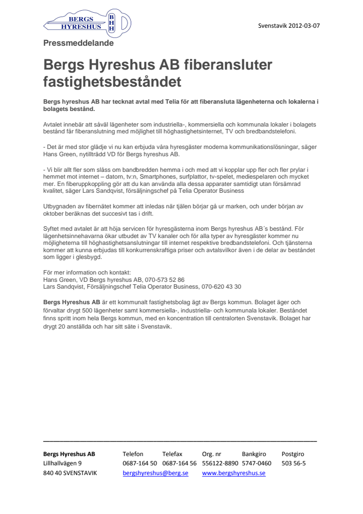 Bergs Hyreshus AB fiberansluter fastighetsbeståndet