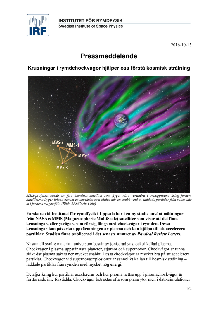 Krusningar i rymdchockvågor hjälper oss förstå kosmisk strålning