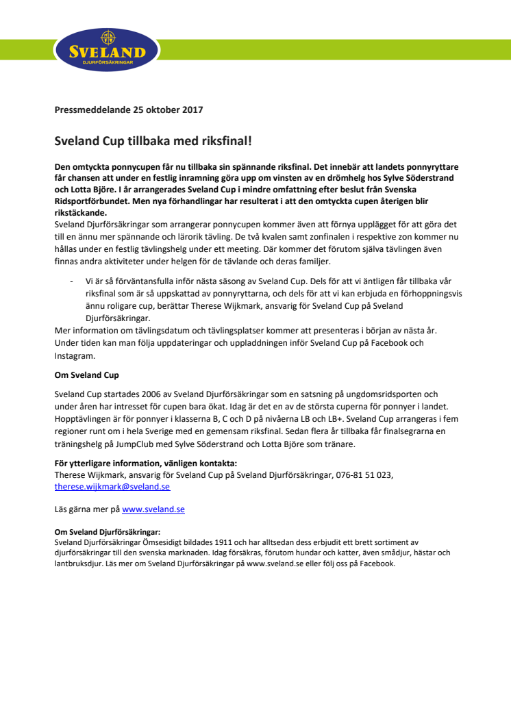 Sveland Cup tillbaka med riksfinal!