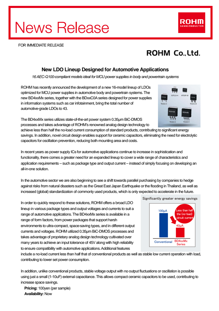 ROHM Semiconductor's New LDO Lineup Designed for Automotive Applications: 16 AEC-Q100-compliant models ideal for MCU power supplies in body and powertrain systems