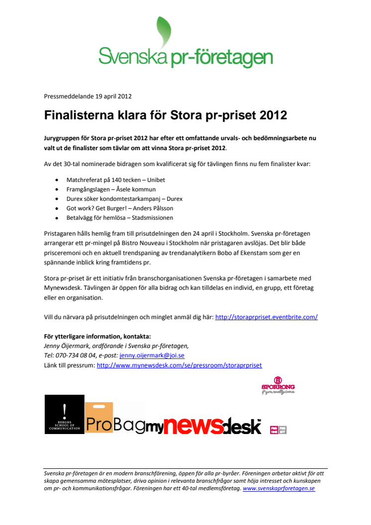 Finalisterna klara för Stora pr-priset 2012