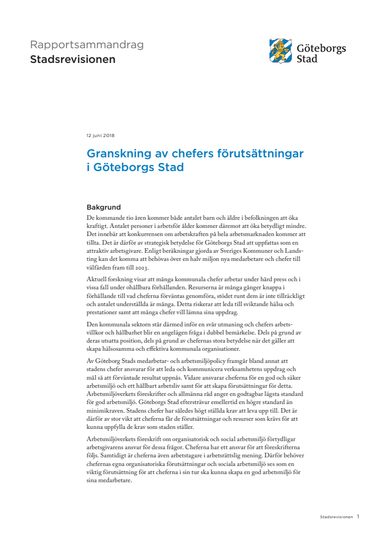 Rapport. Granskning av chefers förutsättningar i Göteborgs Stad (juni 2018)