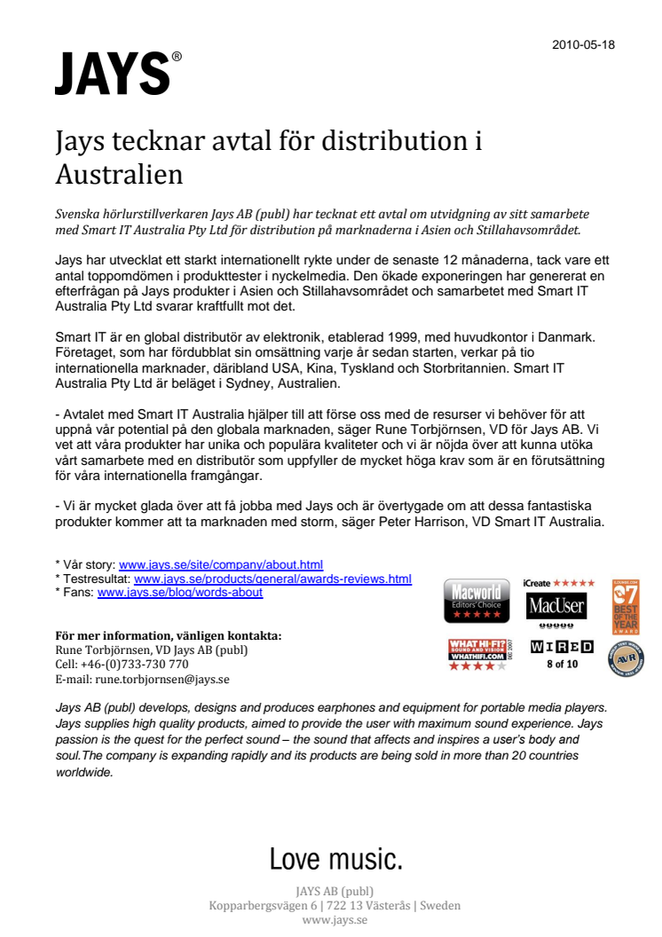 Jays tecknar avtal för distribution i Australien