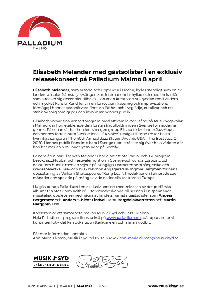 Elisabeth Melander med gästsolister i en exklusiv releasekonsert på Palladium Malmö 8 april