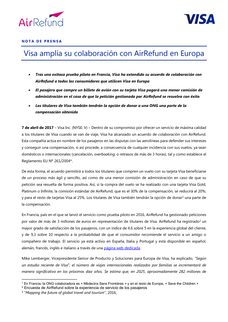 Visa amplía su colaboración con AirRefund en Europa
