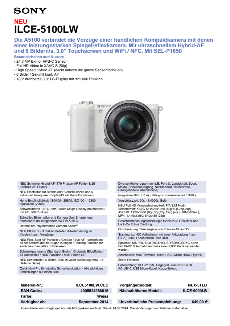 Datenblatt ILCE-5100LW von Sony