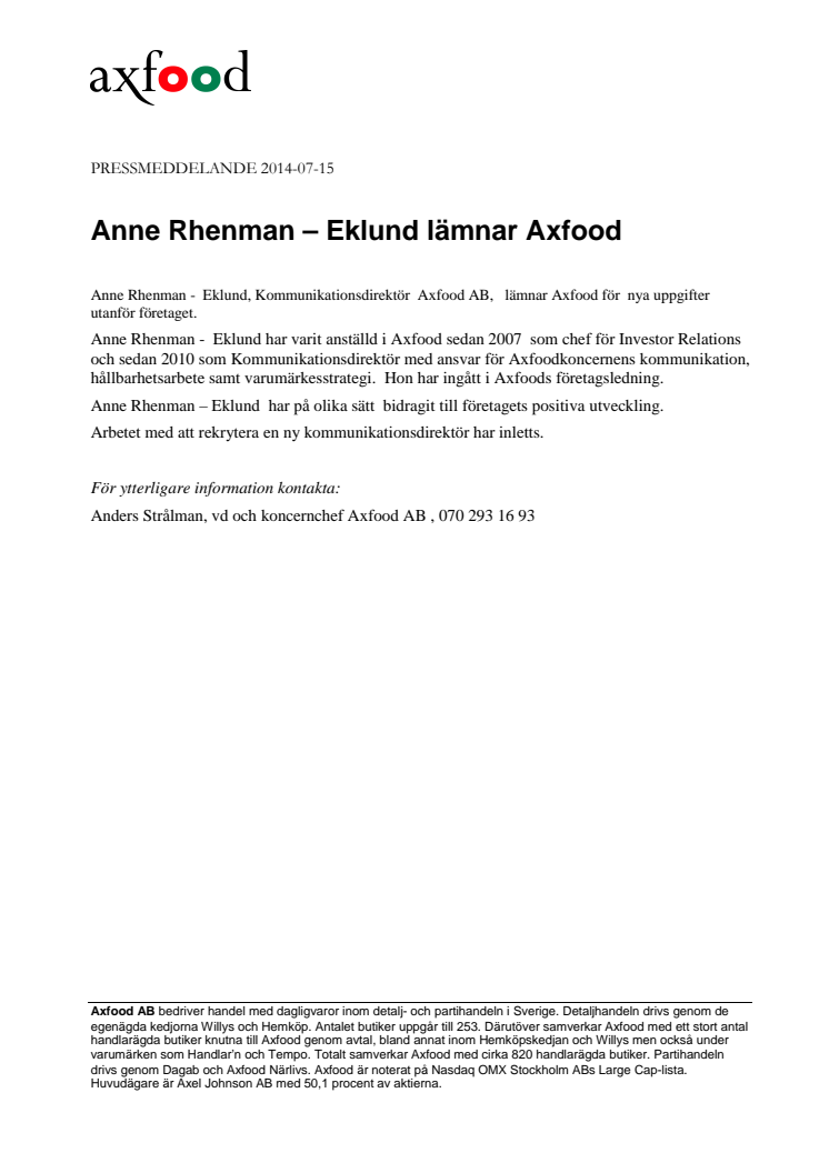  Anne Rhenman – Eklund lämnar Axfood
