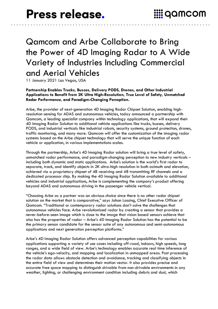 Qamcom and Arbe Collaborate to Bring the Power of 4D Imaging Radar to A Wide Variety of Industries Including Commercial and Aerial Vehicles