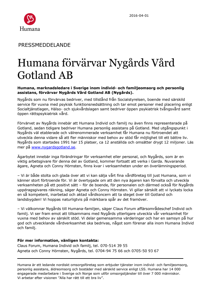 Humana förvärvar Nygårds Vård Gotland AB