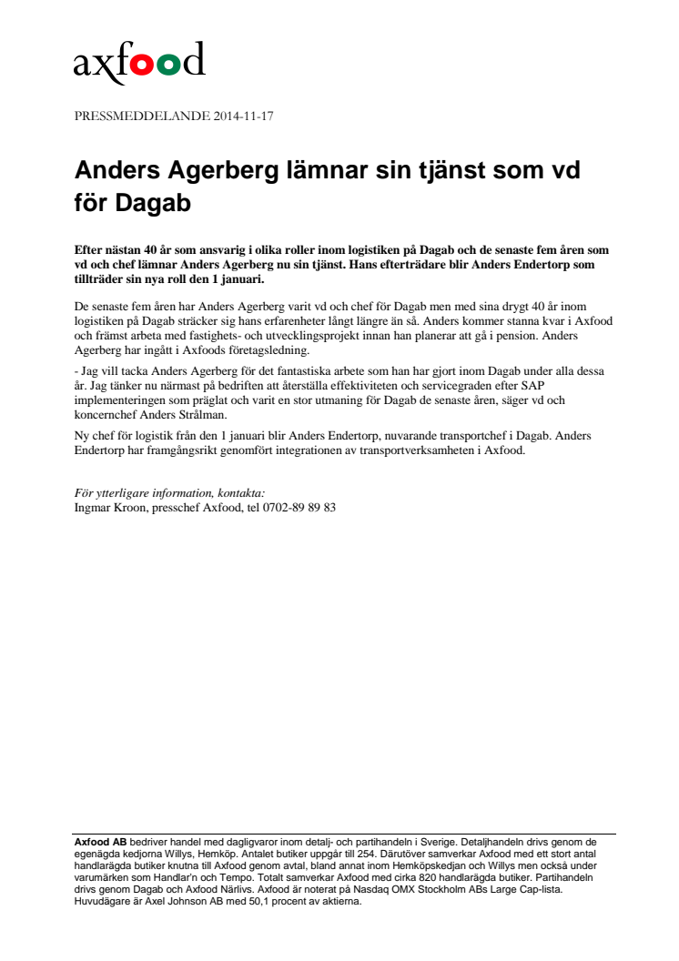 Anders Agerberg lämnar sin tjänst som vd för Dagab