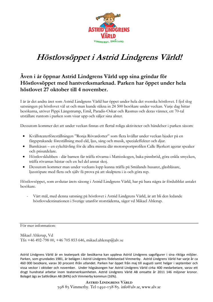 Höstlovsöppet i Astrid Lindgrens Värld!