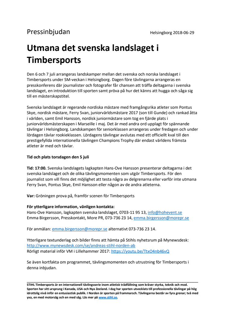 Pressinbjudan: Utmana det svenska landslaget i Timbersports