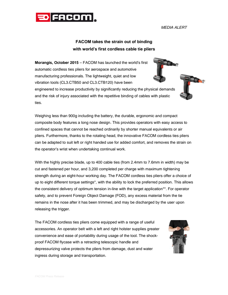 FACOM takes the strain out of binding with world’s first cordless cable tie pliers 