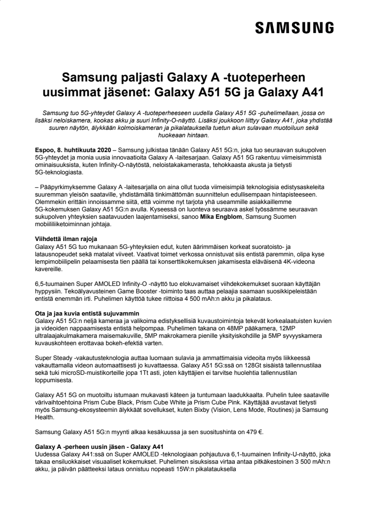 Samsung paljasti Galaxy A -tuoteperheen uusimmat jäsenet: Galaxy A51 5G ja Galaxy A41