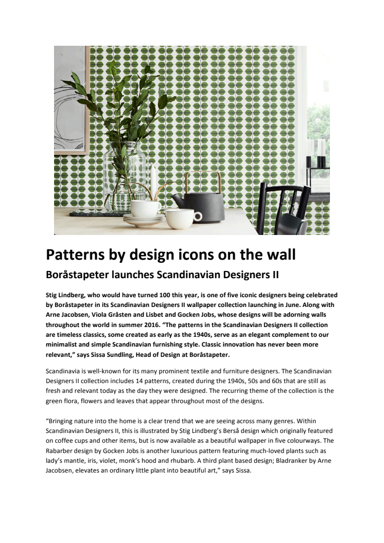 Patterns by design icons on the wall - Boråstapeter launches Scandinavian Designers II