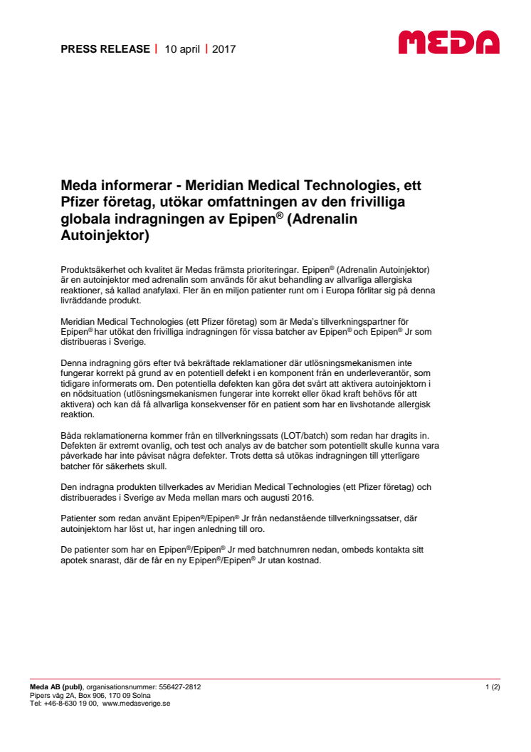 Indragning av vissa batcher av Epipen® och Epipen® Jr