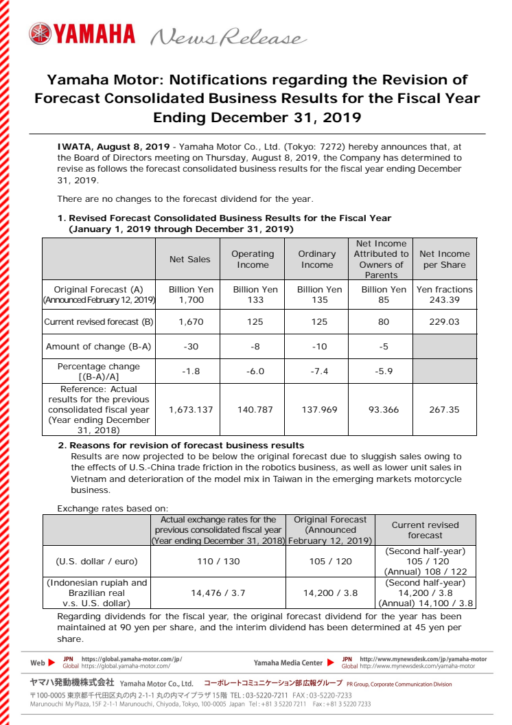 Yamaha Motor: Notifications regarding the Revision of Forecast Consolidated Business Results for the Fiscal Year Ending December 31, 2019