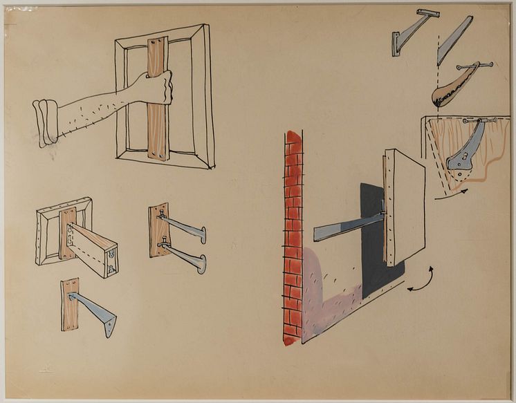 Frederick Kiesler, Studie för olika sätt att stötta målningar, 1942. Teckning, indiabläck och gouache på papper