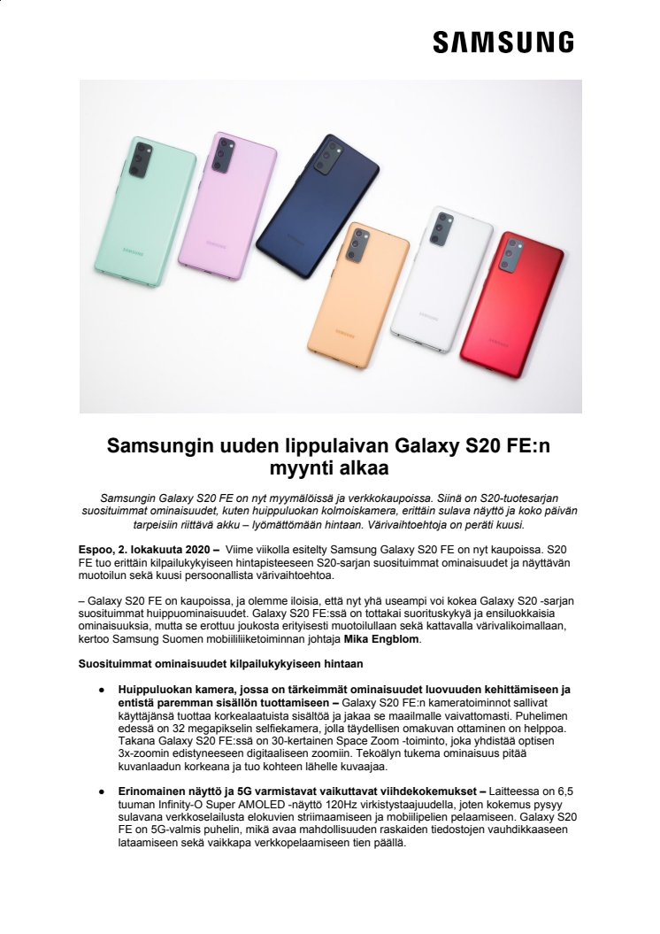 Samsungin uuden lippulaivan Galaxy S20 FE:n  myynti alkaa