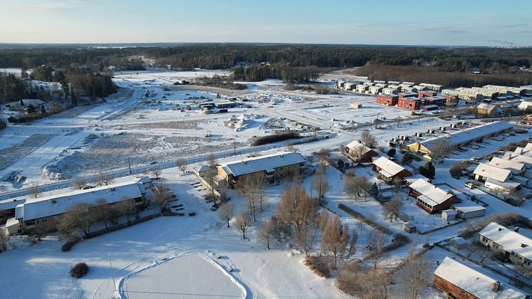 Översiktsbild av det kommande området BoKlok Ryttaren i södra Gunsta, Uppsala. 