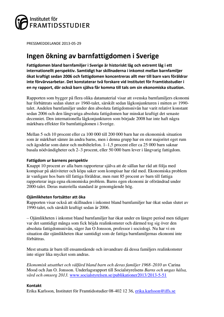 Ingen ökning av barnfattigdomen i Sverige