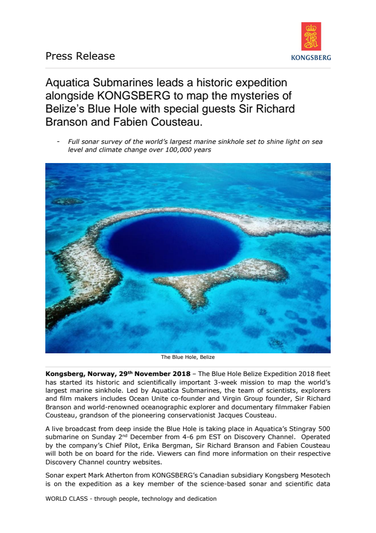 Kongsberg Maritime: Aquatica Submarines leads a historic expedition alongside KONGSBERG to map the mysteries of Belize’s Blue Hole with special guests Sir Richard Branson and Fabien Cousteau