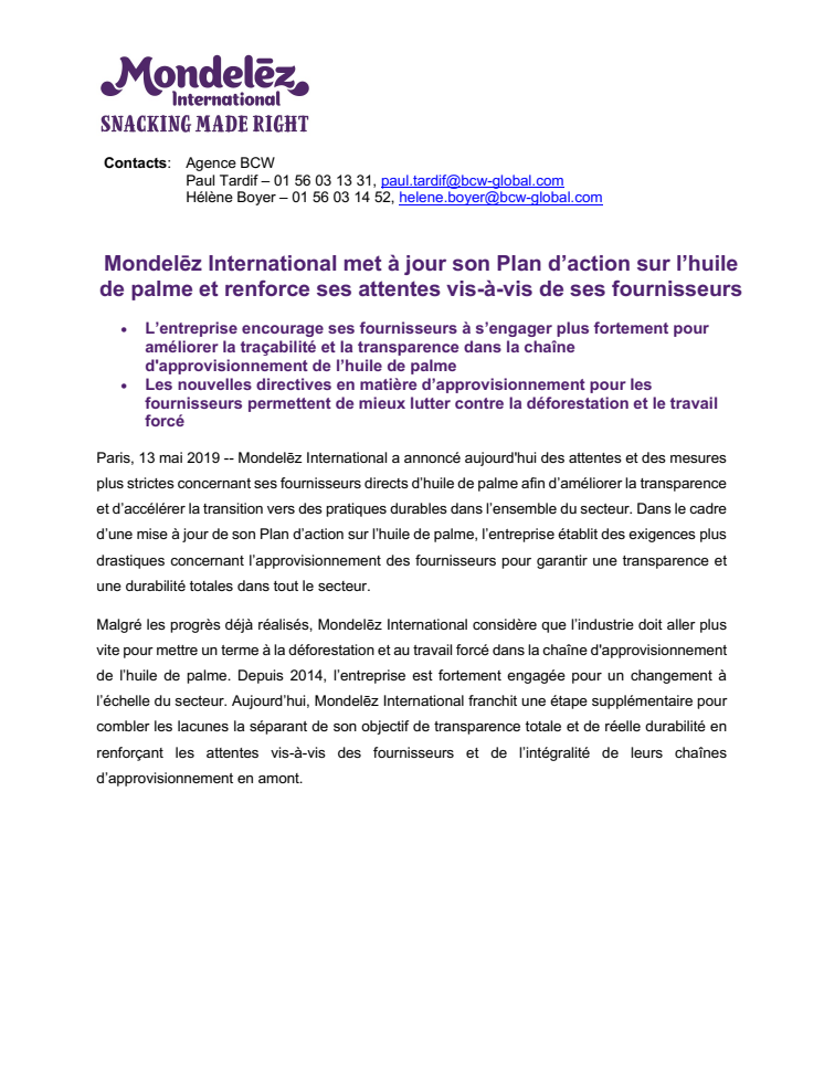 Mondelēz International met à jour son Plan d’action sur l’huile  de palme et renforce ses attentes vis-à-vis de ses fournisseurs