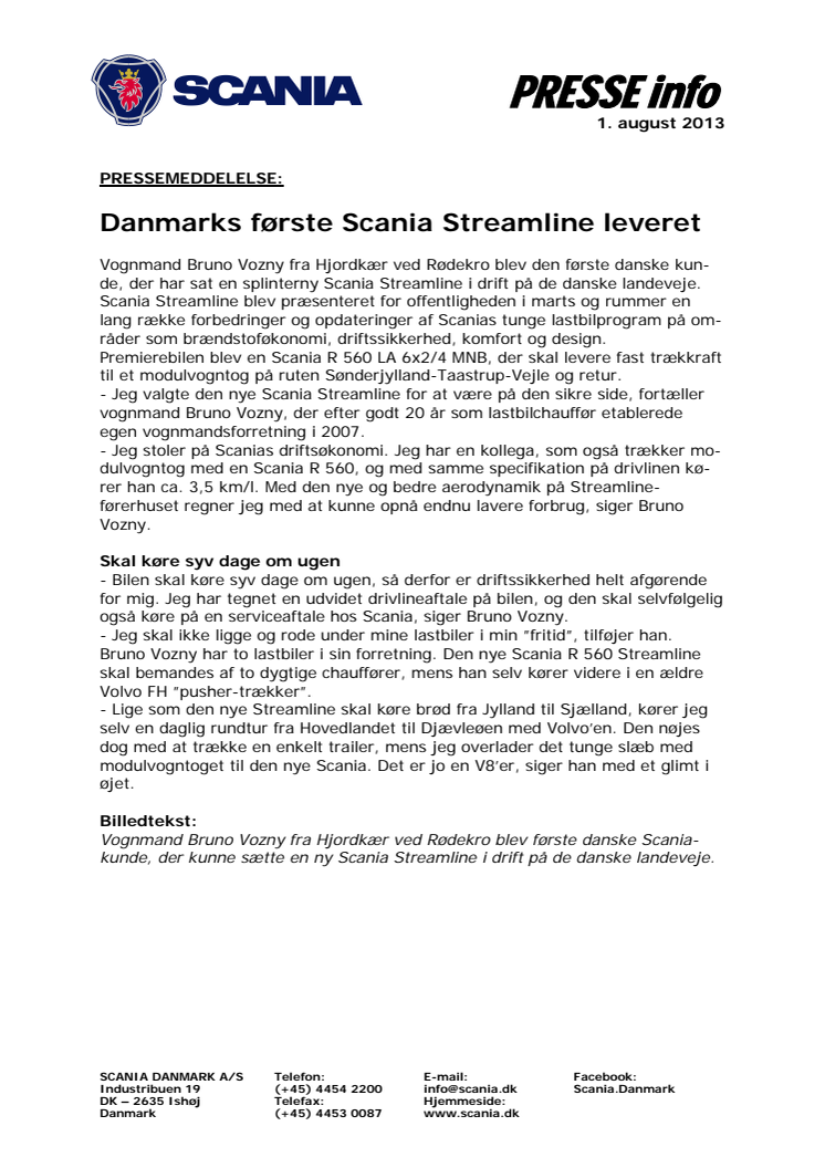 Danmarks første Scania Streamline leveret